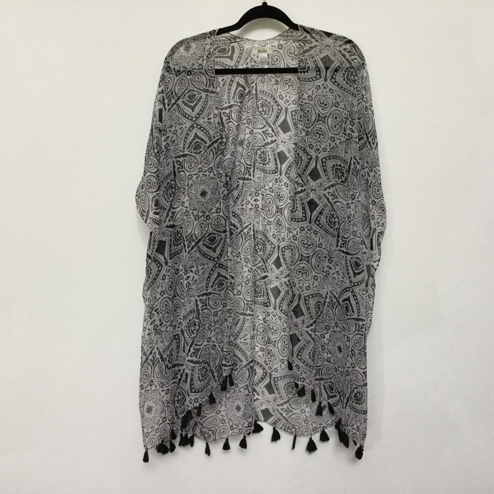 Mudd Sheer Black White Boho Fringe Shawl Cardigan